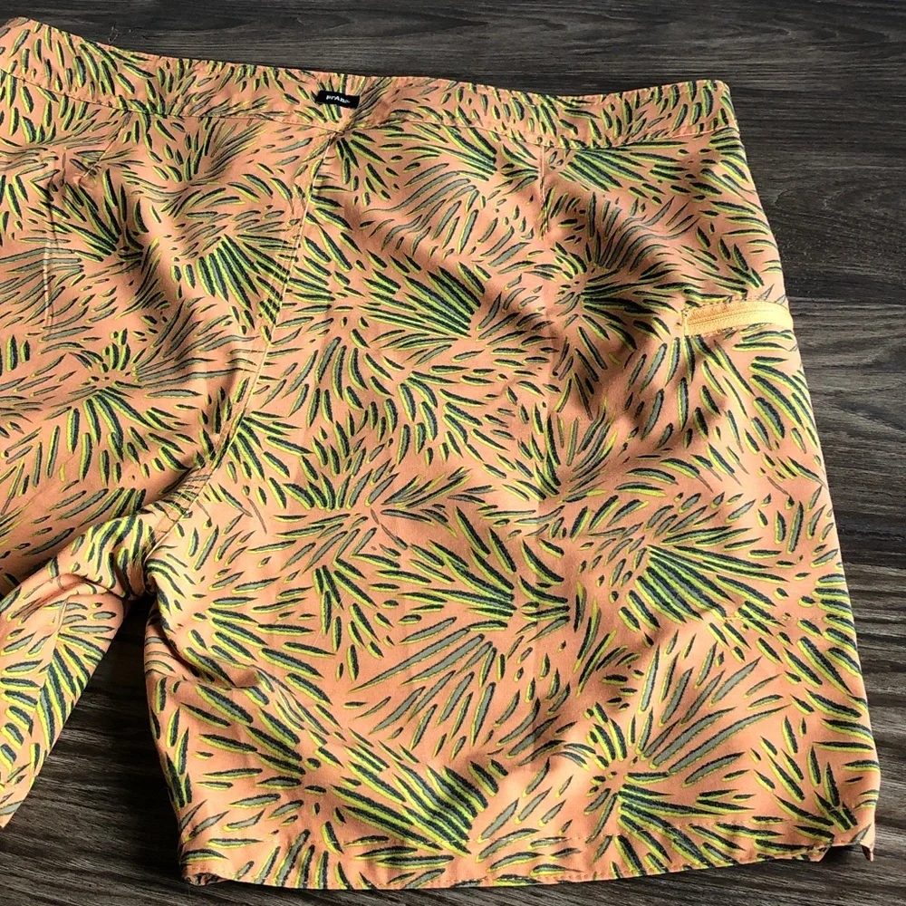 Prana Mens Rock Shock Swim Shorts Waist Belt Orange Pattern 34 6”